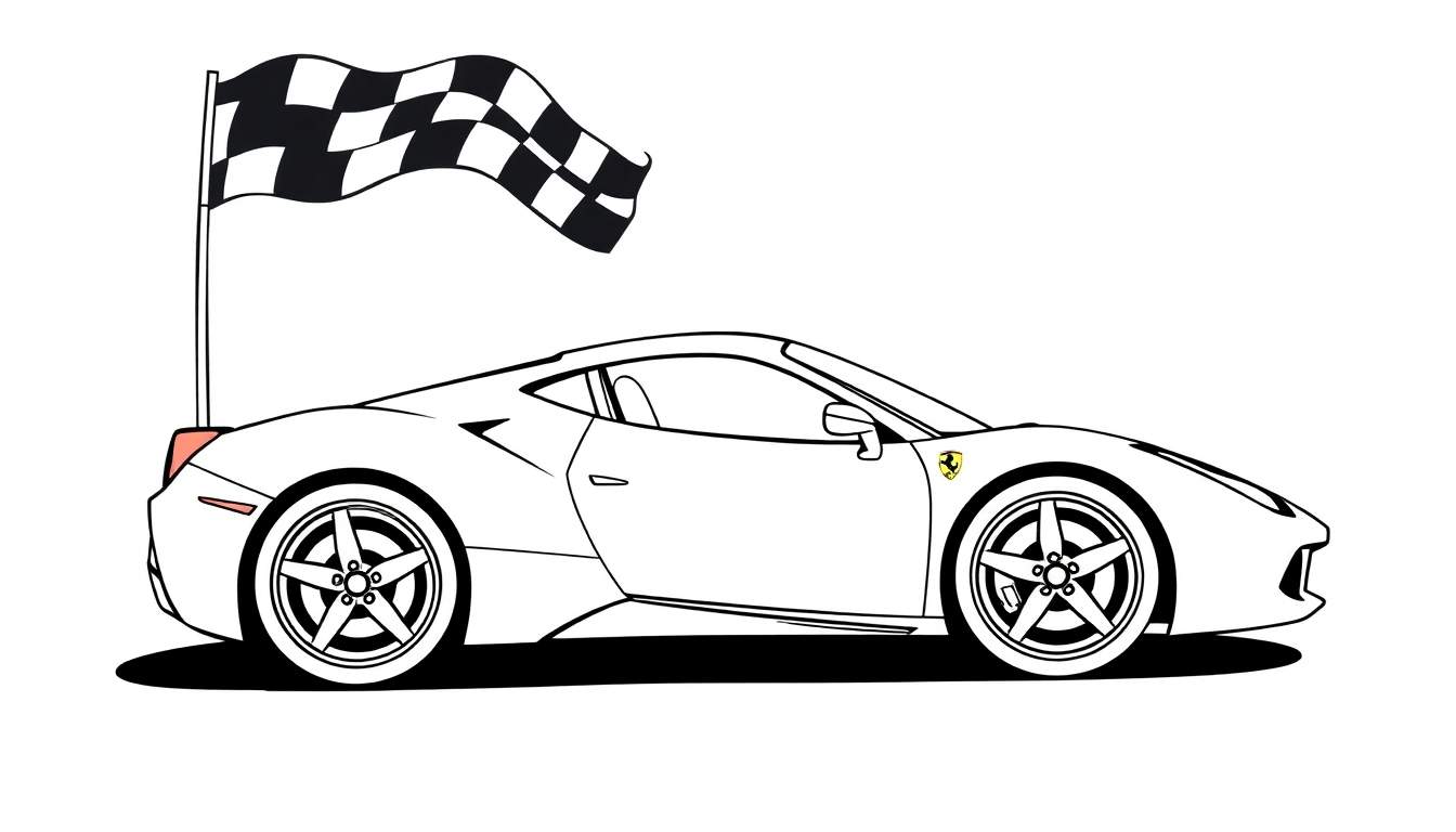 Un coche de carreras Ferrari rojo listo para el color, con una bandera a cuadros, para colorear.