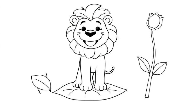 Un león de dibujos animados sentado en una hoja grande, listo para colorear, con una melena exuberante y una expresión feliz. Hay una hoja a su izquierda y una rosa a su derecha, todo en un estilo de placa de color en blanco y negro.