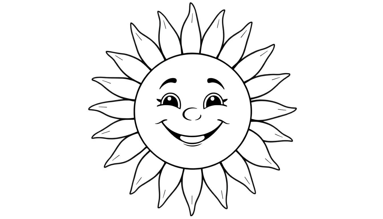 Una placa de color para colorear de un sol sonriente con rayos.
