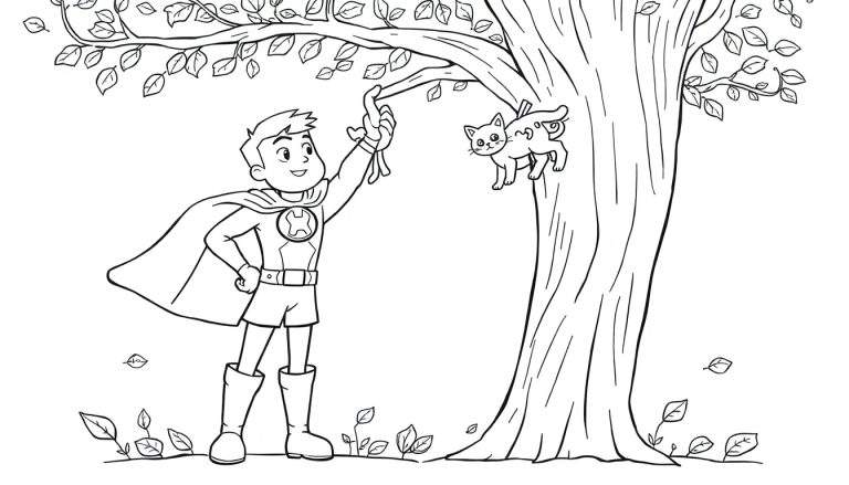 Superhéroe ofreciendo un ovillo de lana a un gatito en un árbol, listo para colorear en esta placa de color.