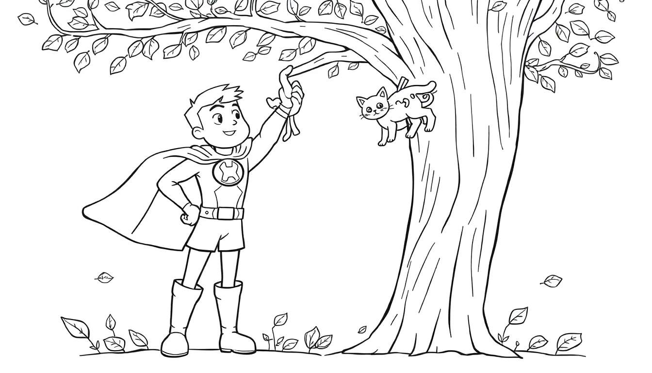 Superhéroe ofreciendo un ovillo de lana a un gatito en un árbol, listo para colorear en esta placa de color.