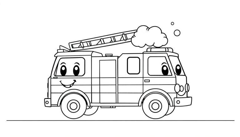 Un camión de bomberos de dibujos animados amigable con ojos grandes y una sonrisa, listo para lanzar espuma. Placa de color.