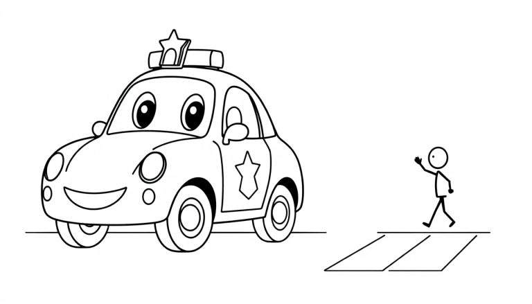 Un coche de policía de dibujos animados con una placa de color saluda a una figura de palo en un paso de peatones.
