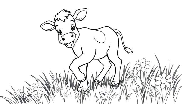 Un ternero sonriente en un campo para colorear, listo para la placa de color.