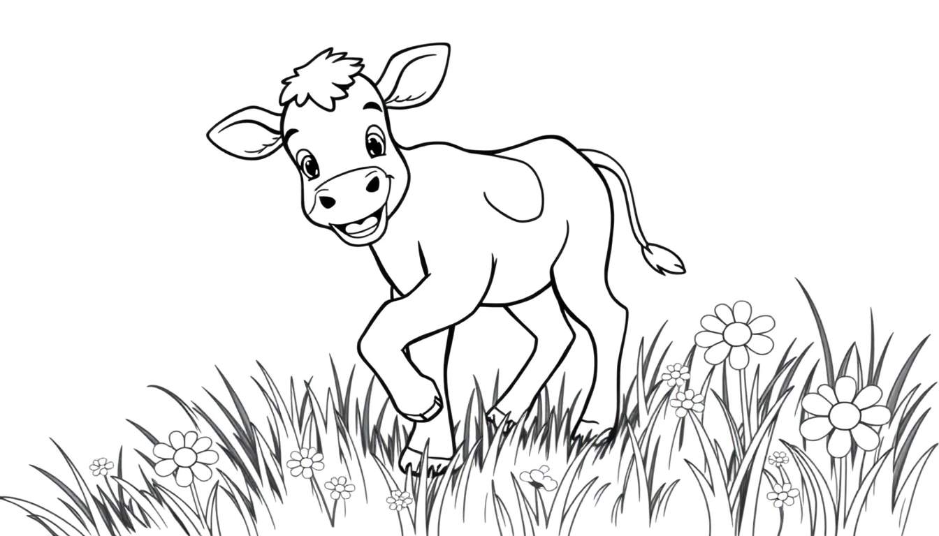 Un ternero sonriente en un campo para colorear, listo para la placa de color.