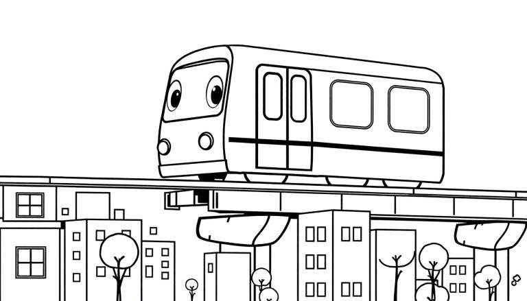 Un alegre tren de metro sonriente con grandes ojos, viajando por una ciudad dibujada a mano, perfecto para una placa de color.