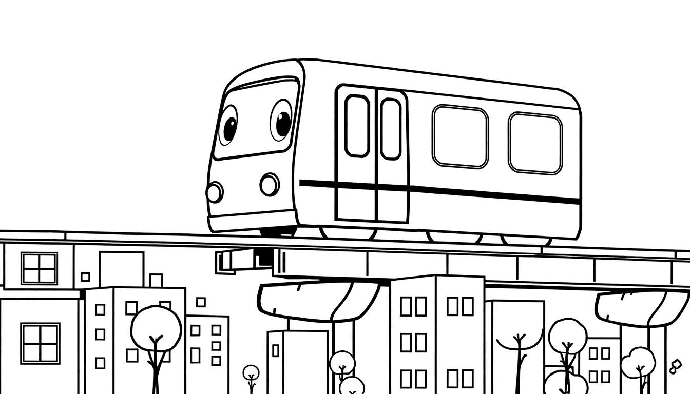 Un alegre tren de metro sonriente con grandes ojos, viajando por una ciudad dibujada a mano, perfecto para una placa de color.