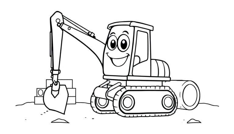 Una excavadora de dibujos animados con cara amigable levanta una pala llena de tierra, lista para ser coloreada en una placa de color.