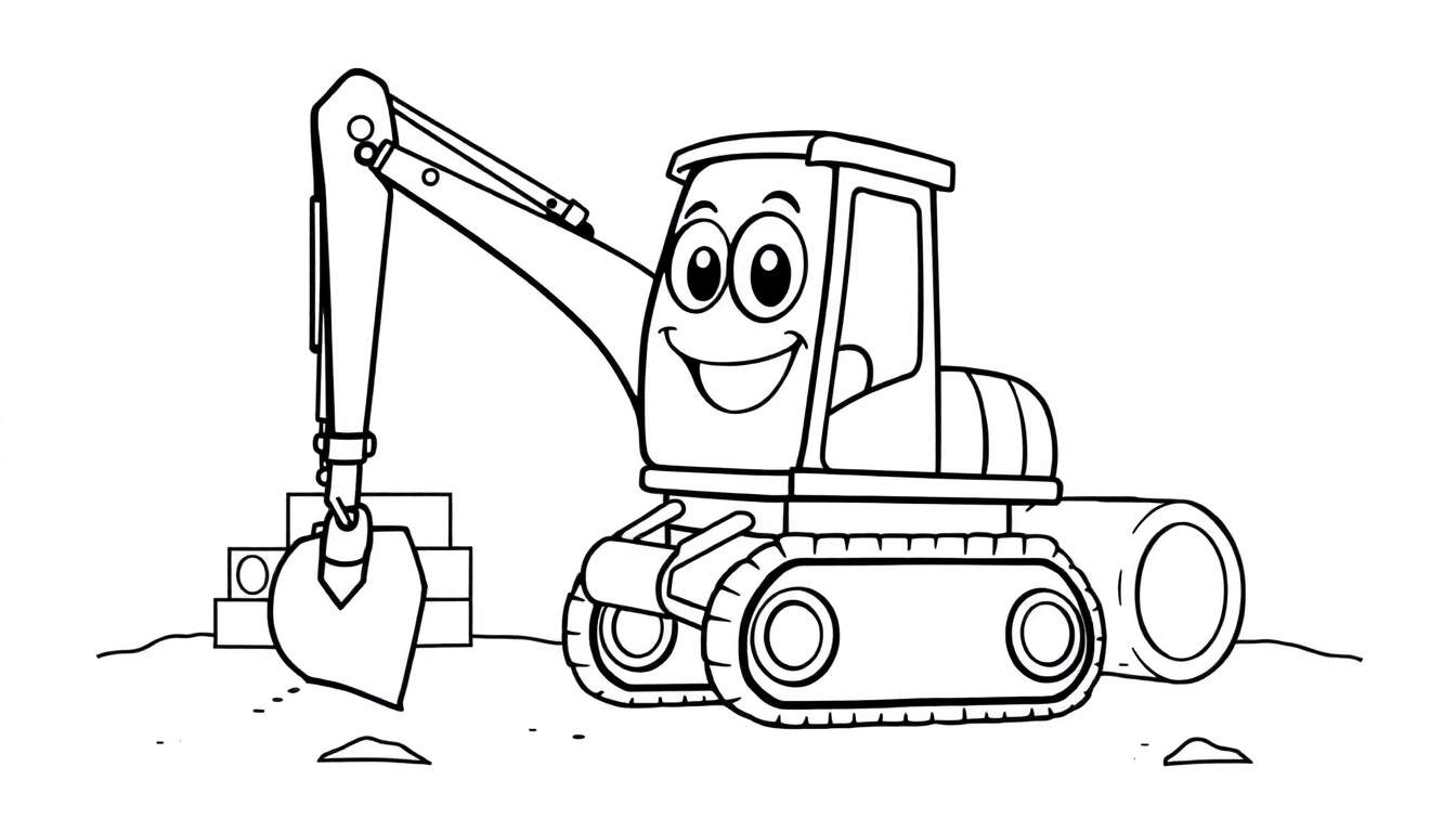 Una excavadora de dibujos animados con cara amigable levanta una pala llena de tierra, lista para ser coloreada en una placa de color.