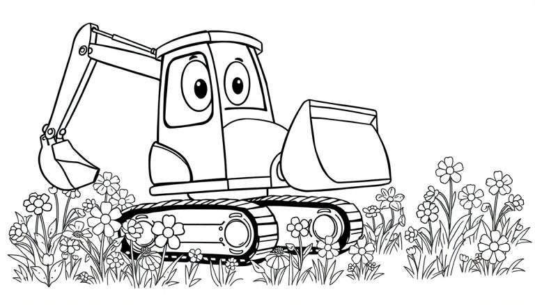 Dibujo lineal en blanco y negro de una excavadora de dibujos animados amigable con ojos grandes, lista para cavar en un campo de flores, diseñado para colorear.