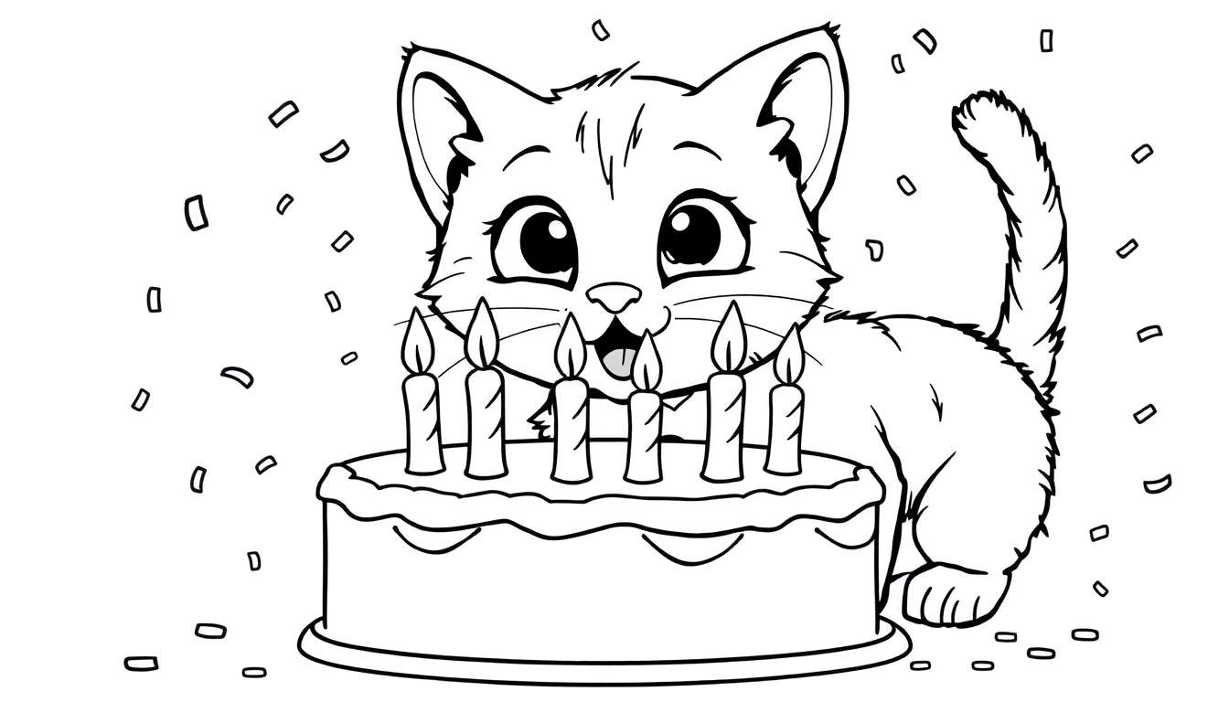 Placa de color de un gato soplando velas en un pastel.