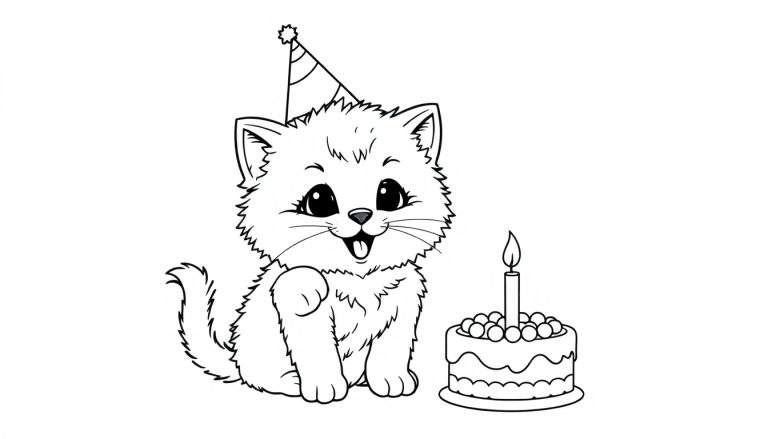 Placa de color de un gatito celebrando su cumpleaños con un sombrero y pastel.