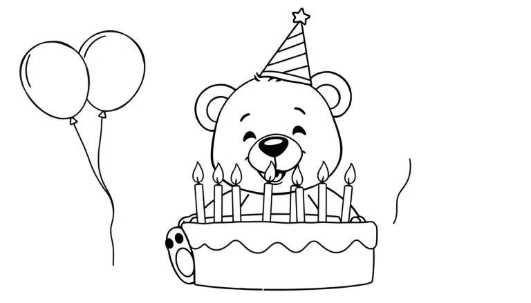 Oso de peluche celebrando con un pastel de cumpleaños, listo para colorear la placa.