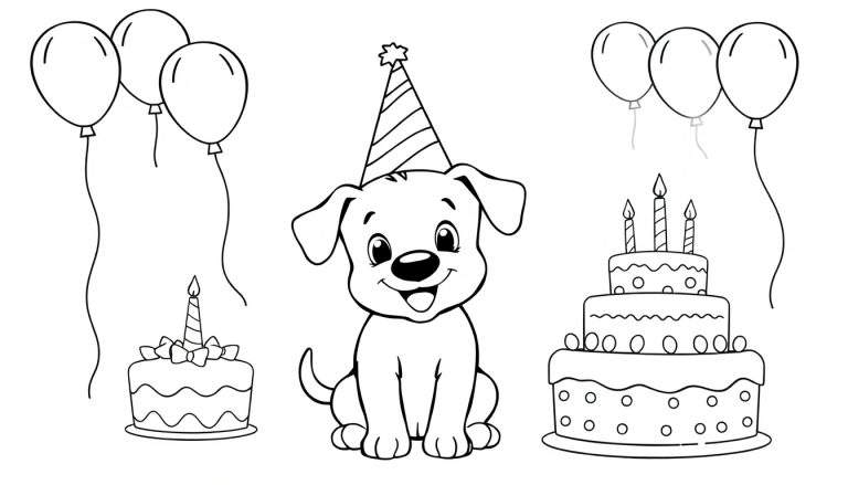 Placa de color de un cachorro sonriente con gorro de fiesta, rodeado de dos pasteles de cumpleaños y globos.