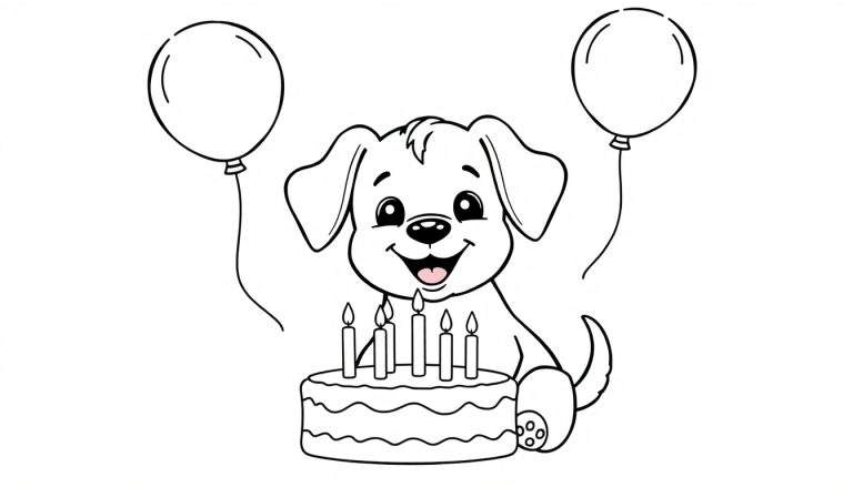 Placa de color de un cachorro feliz celebrando su cumpleaños con cinco velas en un pastel y globos.