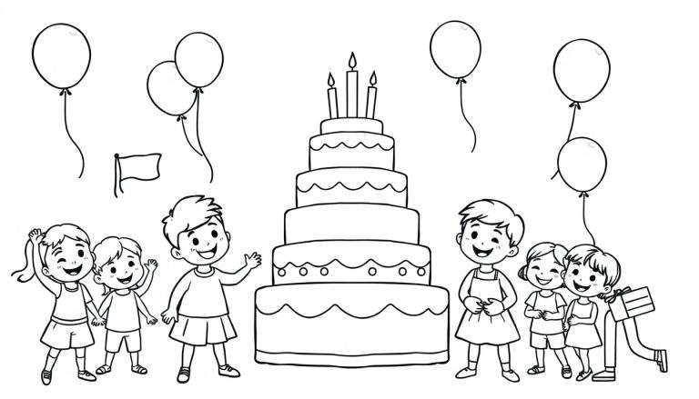 Placa de color de una fiesta de cumpleaños: niños felices alrededor de un pastel de 5 niveles con velas encendidas y globos.