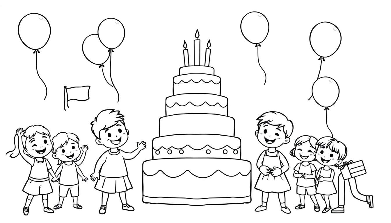 Placa de color de una fiesta de cumpleaños: niños felices alrededor de un pastel de 5 niveles con velas encendidas y globos.