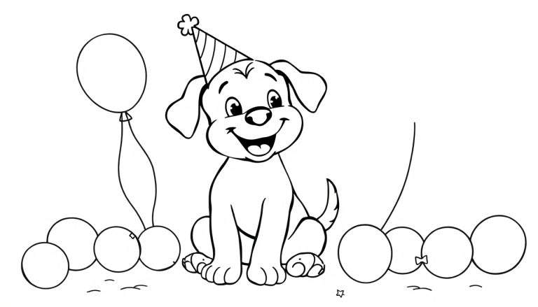 Página para colorear: perrito feliz con gorro de fiesta y globos.