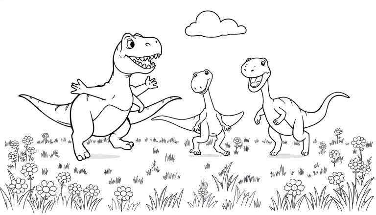 Placa de color con tres dinosaurios amistosos saludando.