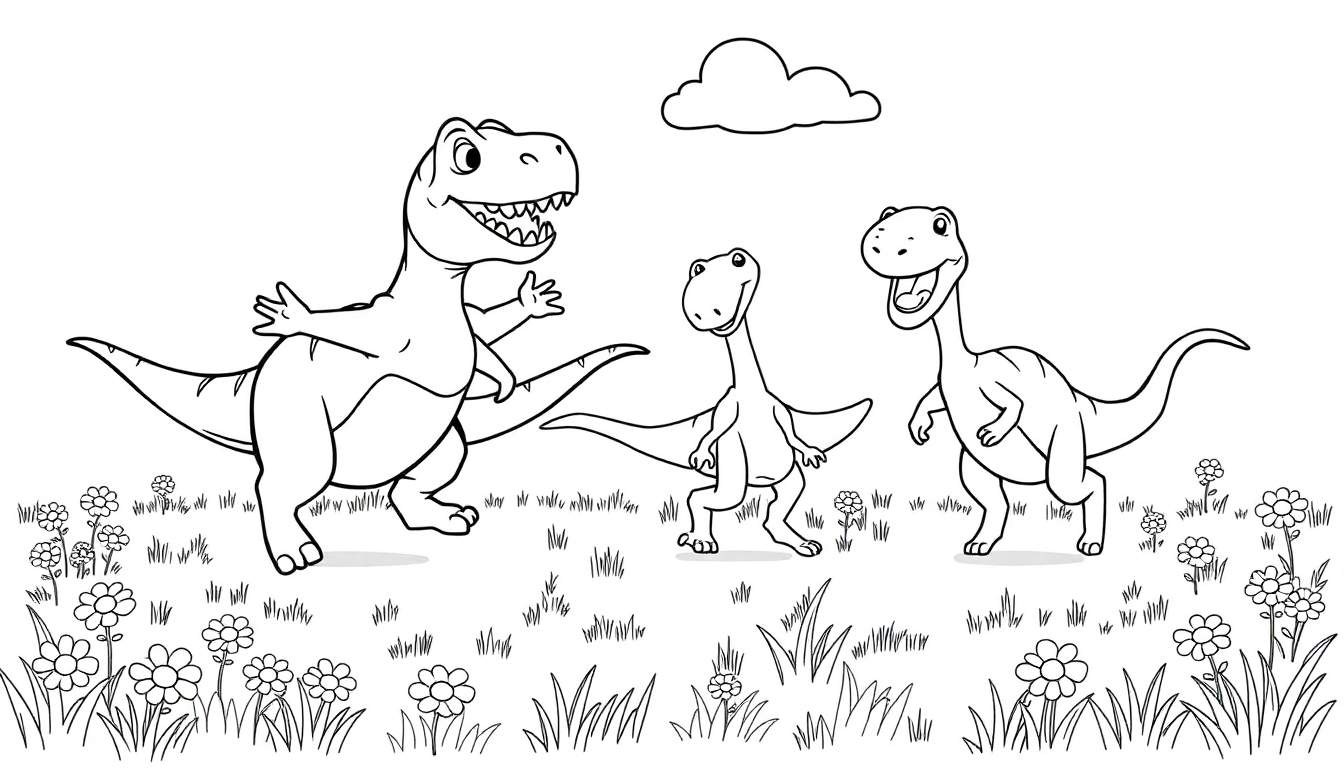 Placa de color con tres dinosaurios amistosos saludando.