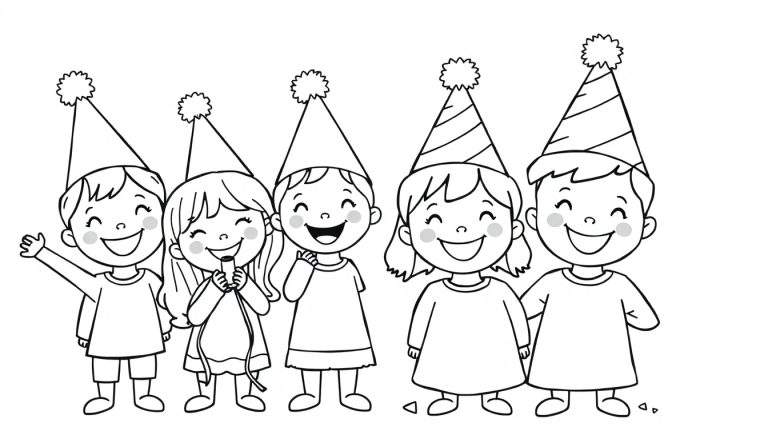 Cinco niños sonrientes con gorros de fiesta para colorear, placa de color.