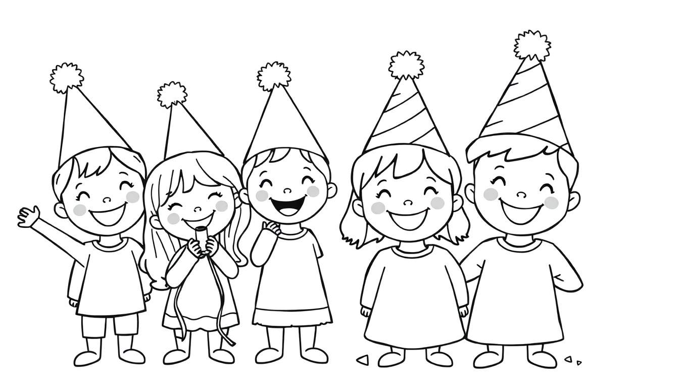Cinco niños sonrientes con gorros de fiesta para colorear, placa de color.