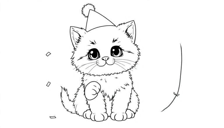 Gatito lindo con sombrero de fiesta, listo para colorear, con confeti y una cuerda de globo. Una placa de color esperando.