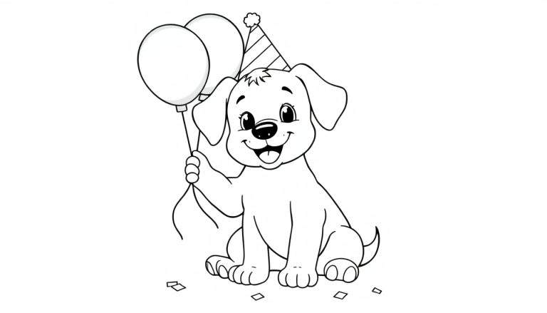 Un cachorro feliz para colorear con un sombrero de fiesta y globos en una placa de color.