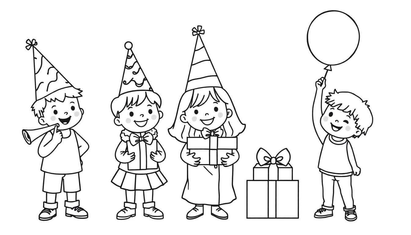 Ilustración en blanco y negro de cuatro niños celebrando una fiesta, con una placa de color de fondo.