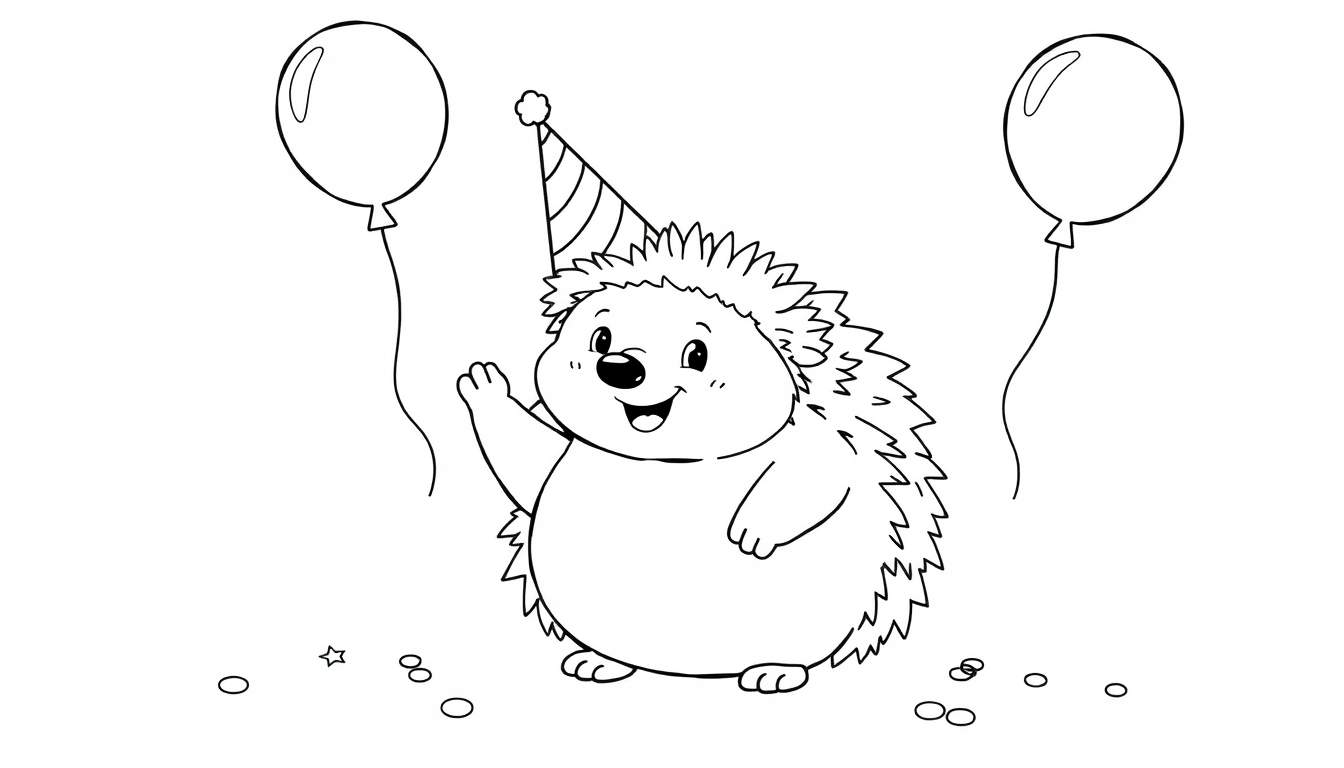 Un erizo de dibujos animados en blanco y negro con un gorro de fiesta a rayas y globos, listo para ser coloreado en una placa de color.