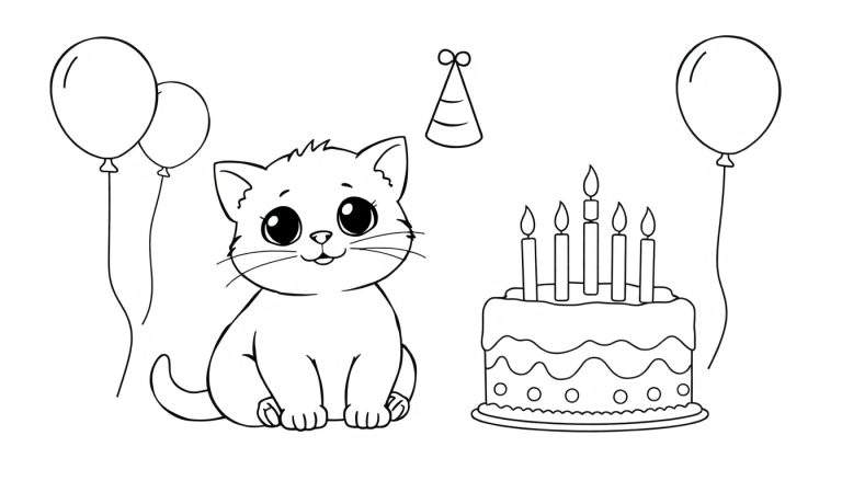Página para colorear de un gatito celebrando con un pastel de cumpleaños y globos.