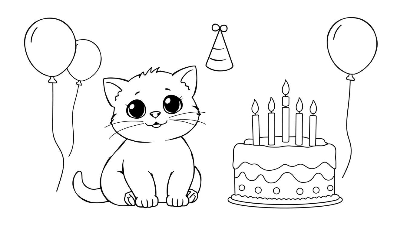 Página para colorear de un gatito celebrando con un pastel de cumpleaños y globos.