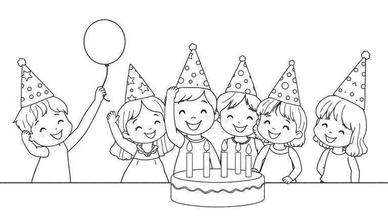 Página para colorear de niños felices con gorros de fiesta y un pastel, ideal para colorear con placa de color.
