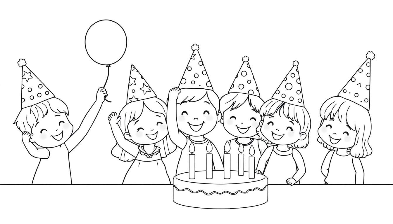 Página para colorear de niños felices con gorros de fiesta y un pastel, ideal para colorear con placa de color.