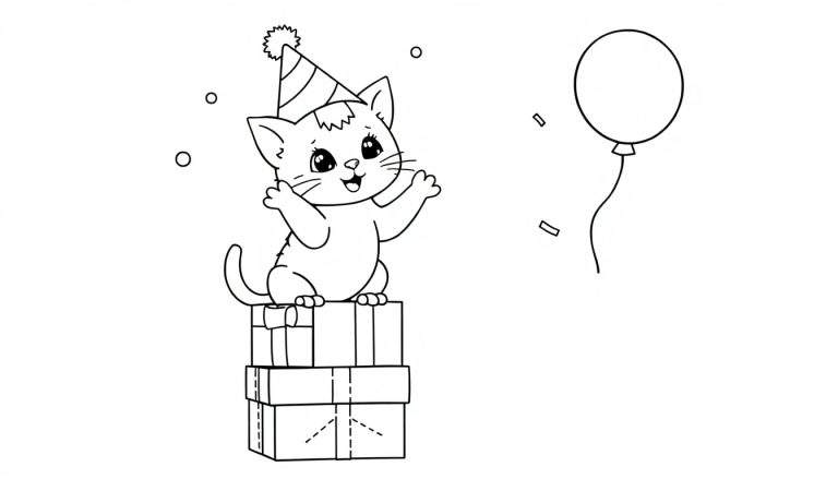 Placa de color de un gatito con gorro de fiesta y regalos.