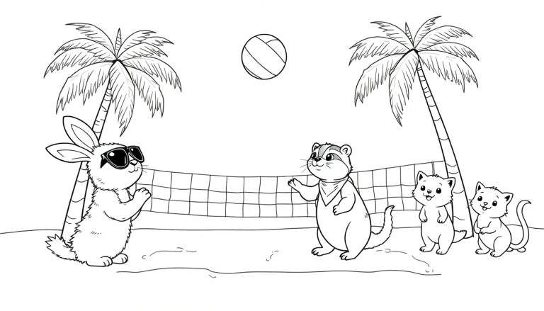 Una placa de color para colorear de un conejo con gafas de sol y una marmota jugando voleibol en la playa con gatitos observando.