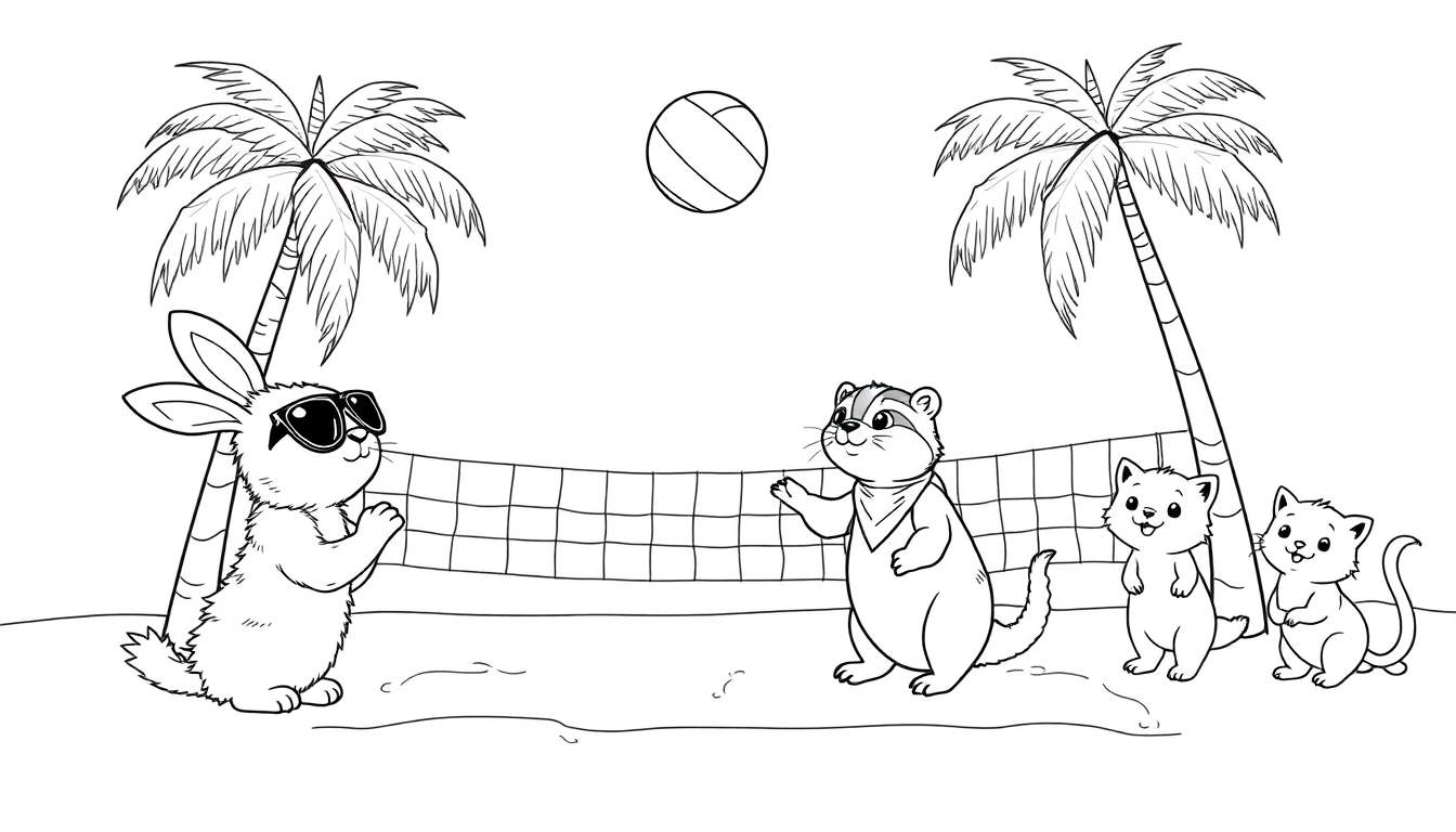 Una placa de color para colorear de un conejo con gafas de sol y una marmota jugando voleibol en la playa con gatitos observando.