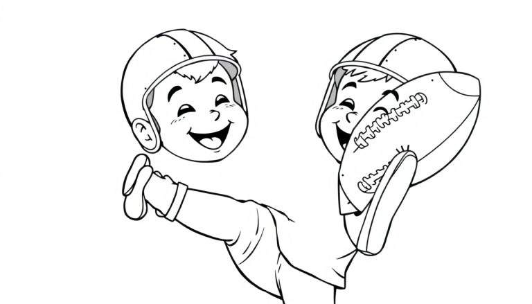 Niños jugando al fútbol americano, arte para colorear con placa de color.