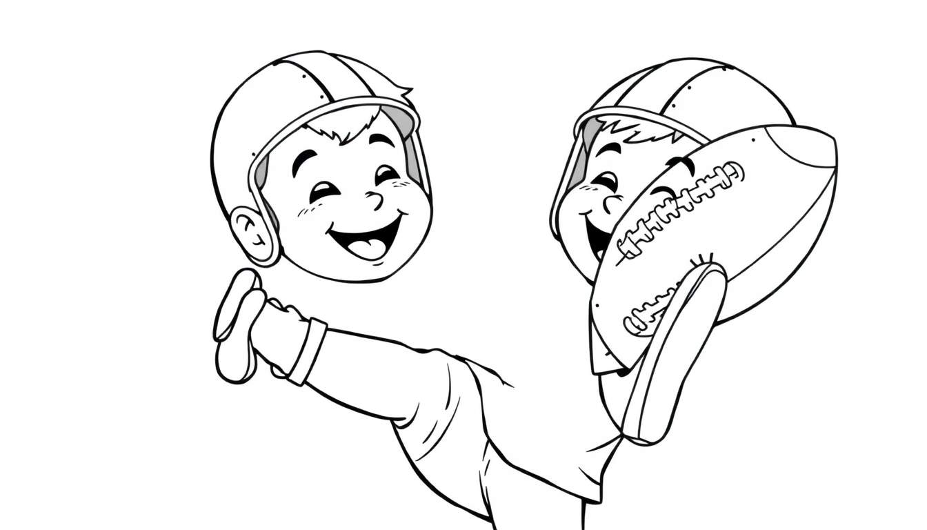 Niños jugando al fútbol americano, arte para colorear con placa de color.