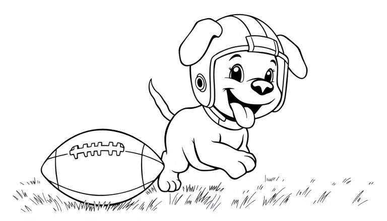 Perro de dibujos animados con casco de fútbol jugando en el campo de hierba, placa de color.