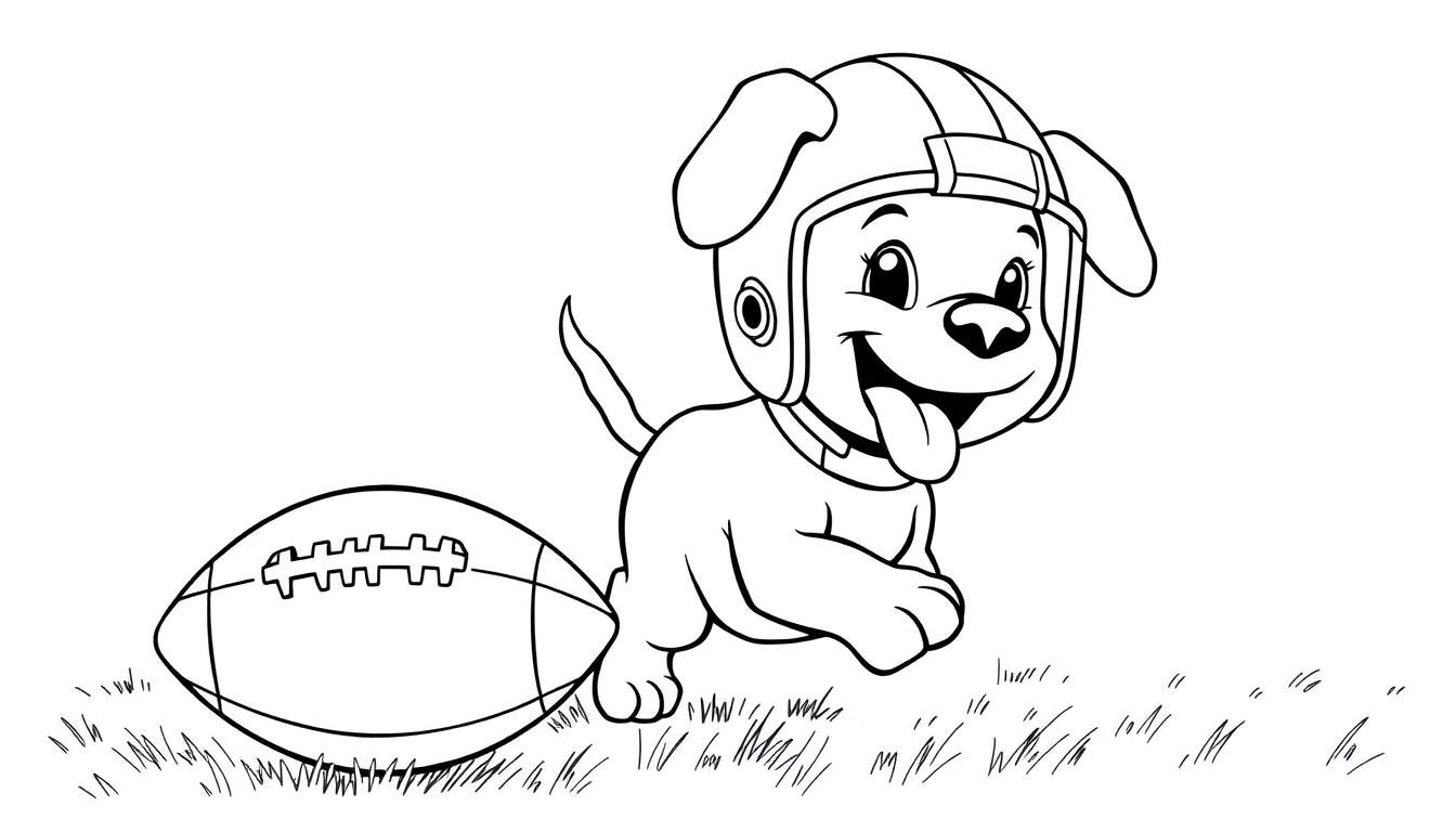 Perro de dibujos animados con casco de fútbol jugando en el campo de hierba, placa de color.