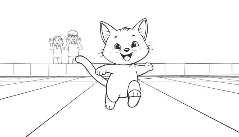 Un dibujo lineal en blanco y negro de un gato animado corriendo, con un público vitoreando al fondo.