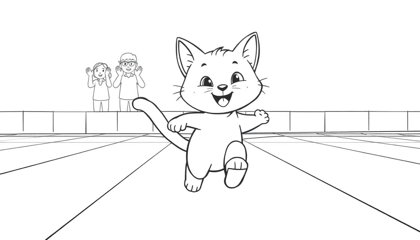 Un dibujo lineal en blanco y negro de un gato animado corriendo, con un público vitoreando al fondo.