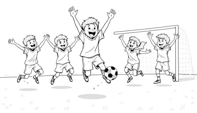 Placa de color de niños celebrando un gol en fútbol.