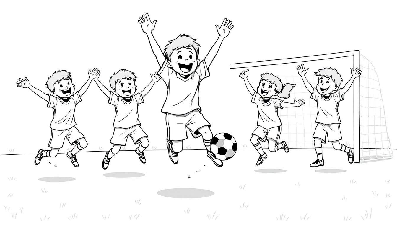 Placa de color de niños celebrando un gol en fútbol.