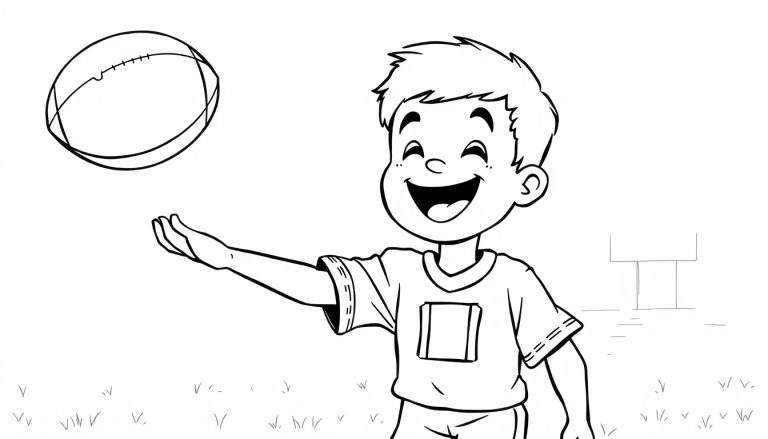 Un niño pequeño listo para atrapar un balón de fútbol americano en un campo, para colorear, placa de color.