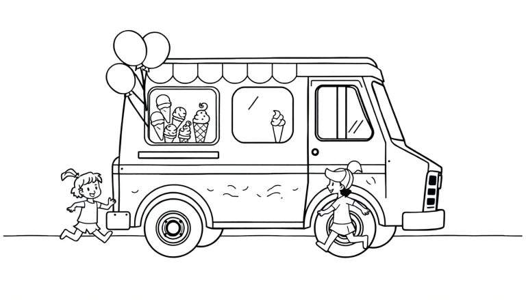 Dibujo lineal en blanco y negro de un camión de helados con toldo a rayas y dos niños corriendo hacia él, con globos flotando cerca. Placa de color.
