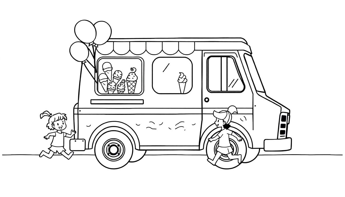 Dibujo lineal en blanco y negro de un camión de helados con toldo a rayas y dos niños corriendo hacia él, con globos flotando cerca. Placa de color.