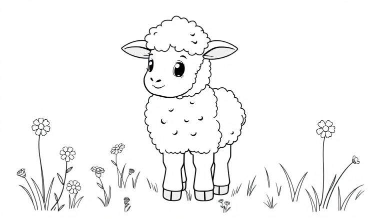 Un corderito de dibujos animados con pelo rizado de color para colorear, listo para ser pintado en una placa de color.