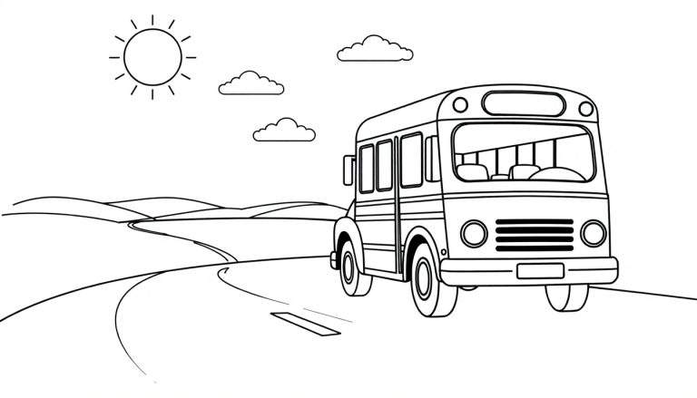 Autobús escolar listo para colorear en un camino rural soleado, con una placa de color.